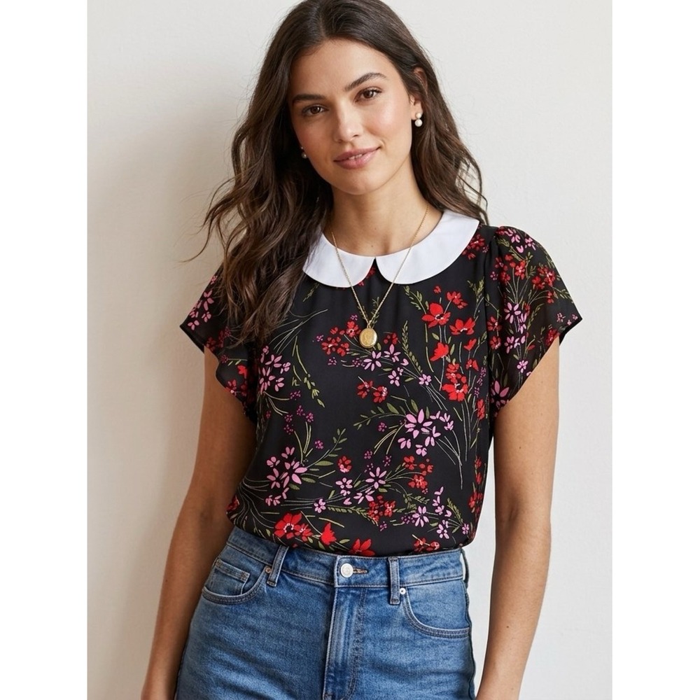CeCe Floral Peter Pan Collar Blouse Short Sleeve Chiffon Top Black Red Medium